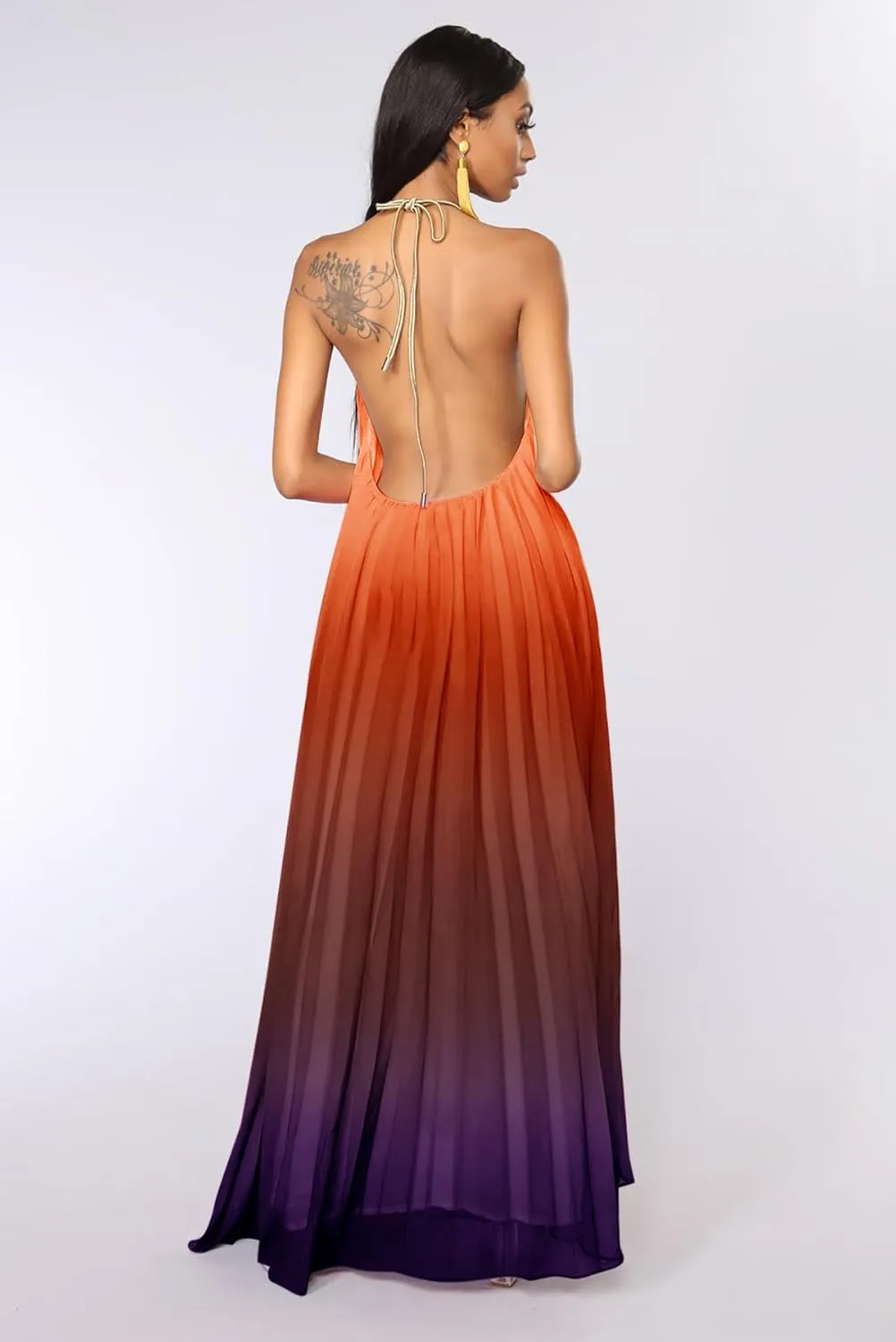 Paintcolors Women's Halter Sleeveless Long Maxi Dress Backless Casual Loose Ombre Summer Beach Chiffon Flowy Sundress