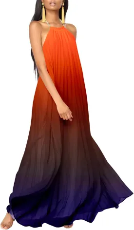 Paintcolors Women's Halter Sleeveless Long Maxi Dress Backless Casual Loose Ombre Summer Beach Chiffon Flowy Sundress
