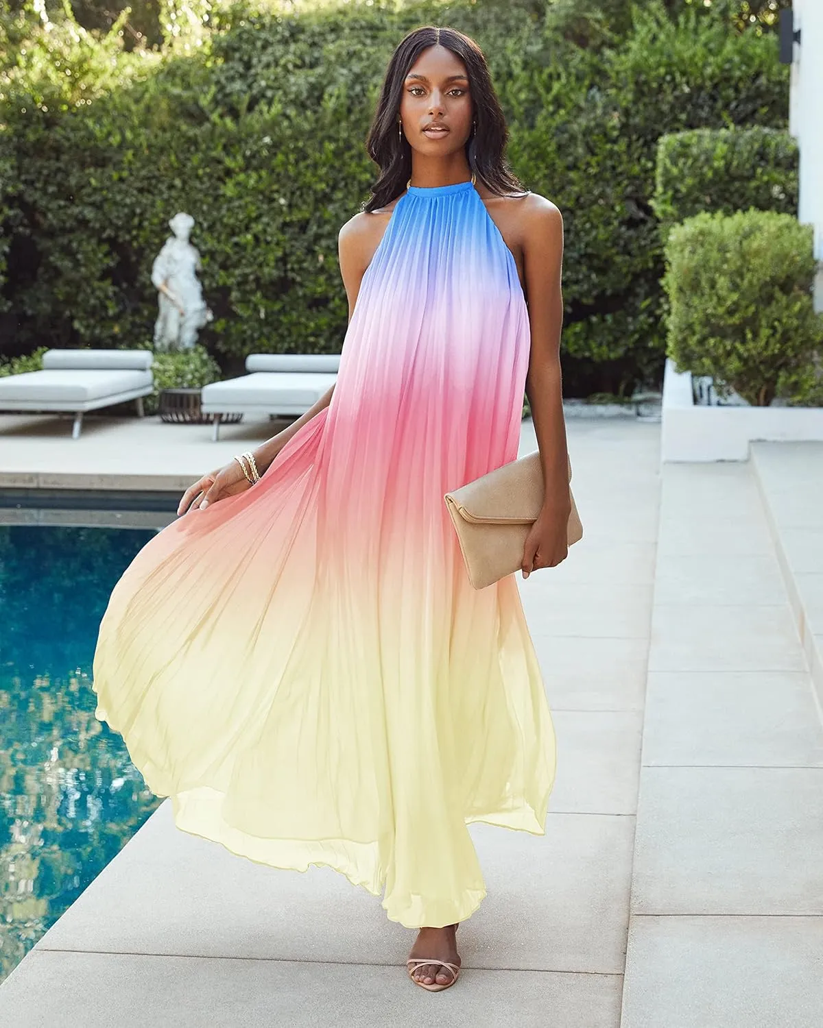 Paintcolors Women's Halter Sleeveless Long Maxi Dress Backless Casual Loose Ombre Summer Beach Chiffon Flowy Sundress