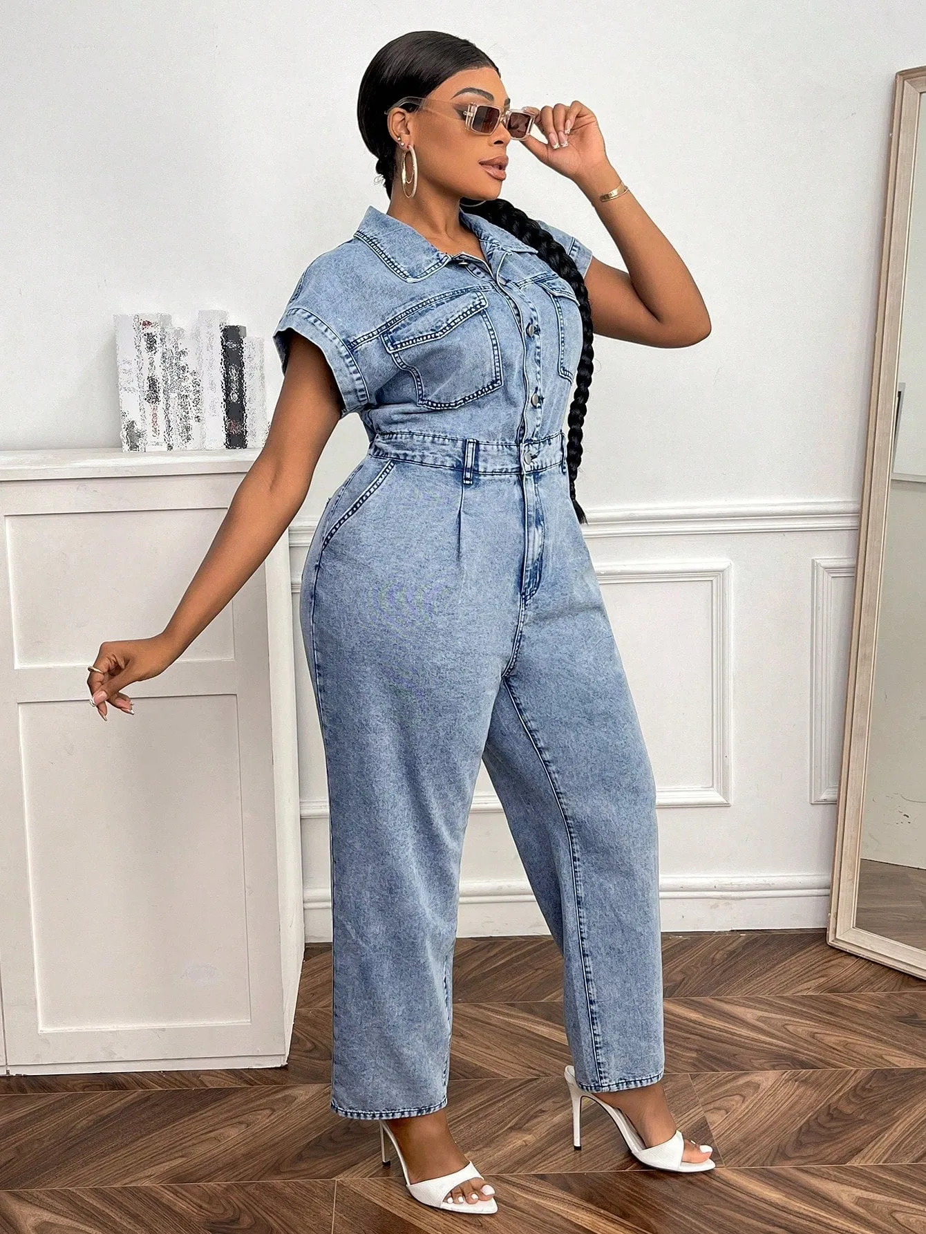 Plus Flap Pocket Button Front Denim Jumpsuit