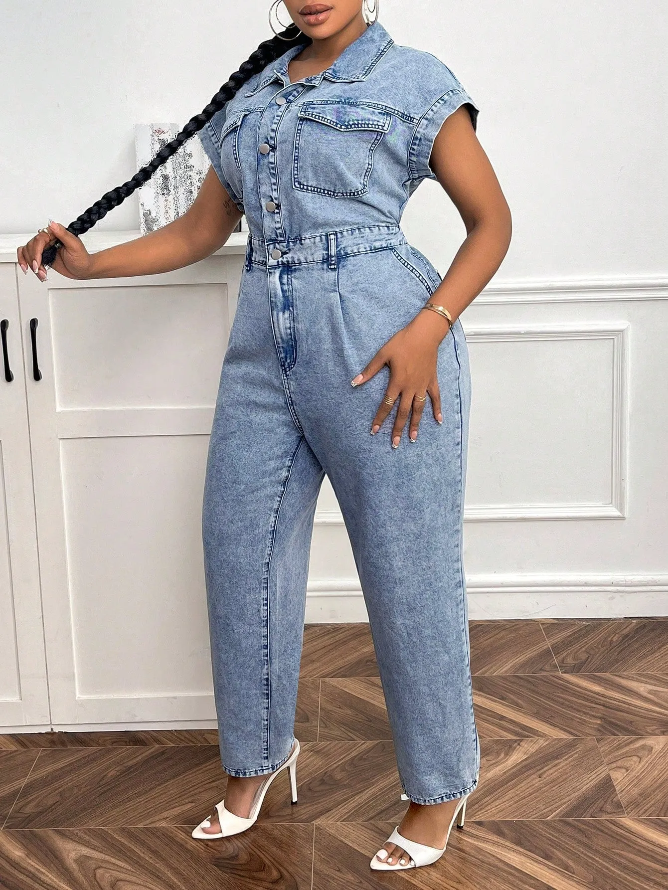 Plus Flap Pocket Button Front Denim Jumpsuit