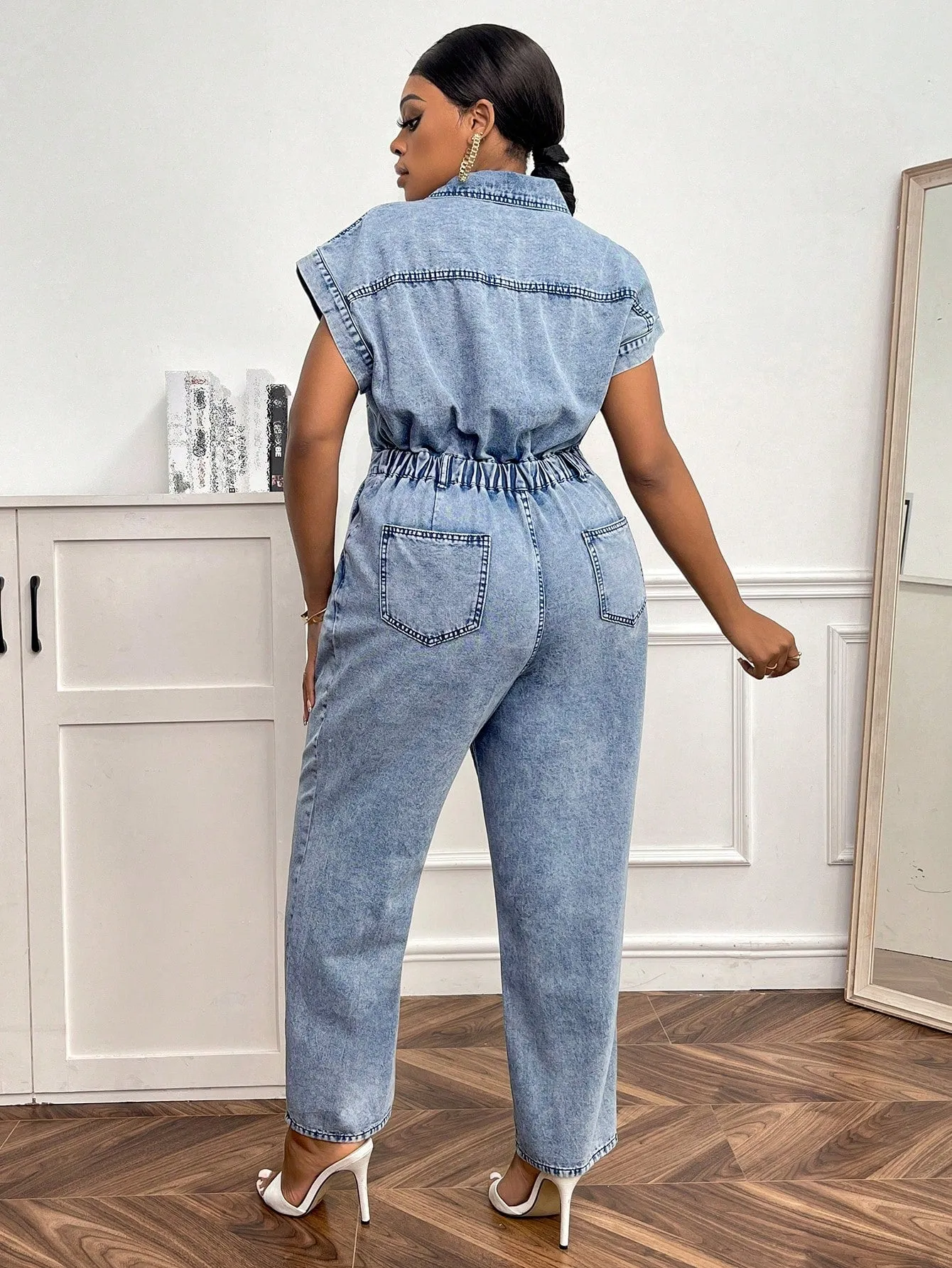 Plus Flap Pocket Button Front Denim Jumpsuit