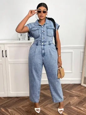 Plus Flap Pocket Button Front Denim Jumpsuit