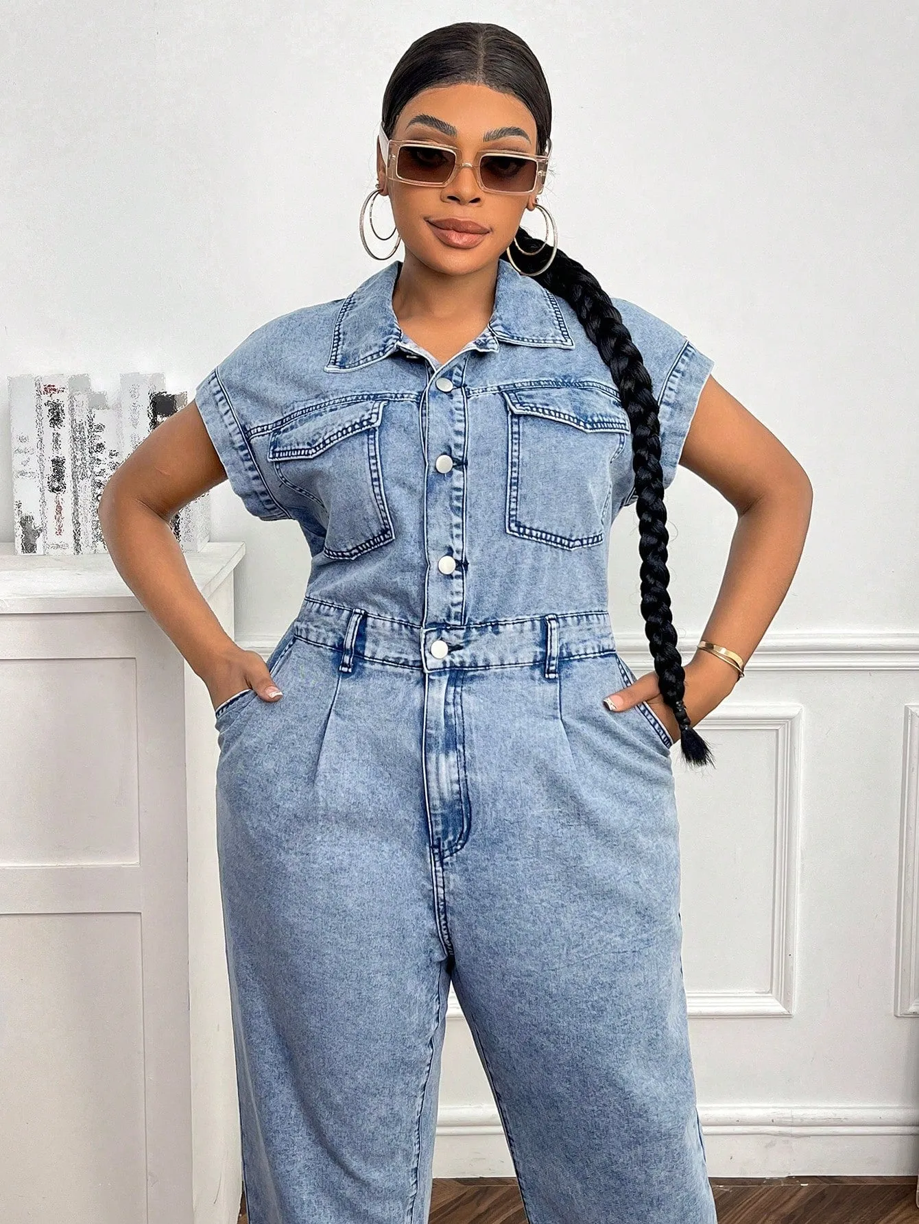 Plus Flap Pocket Button Front Denim Jumpsuit