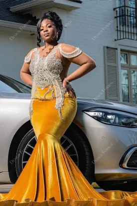 Plus Size Gold Velvet Crystals Mermaid Ruffled Train Designer Prom Dress