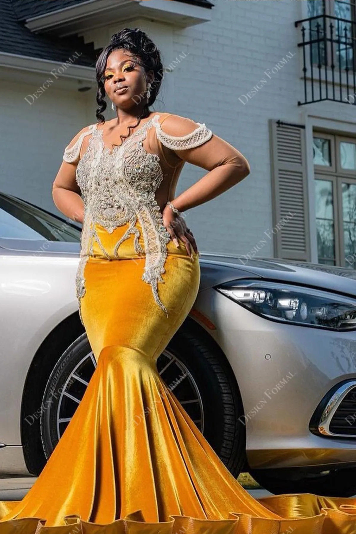 Plus Size Gold Velvet Crystals Mermaid Ruffled Train Designer Prom Dress