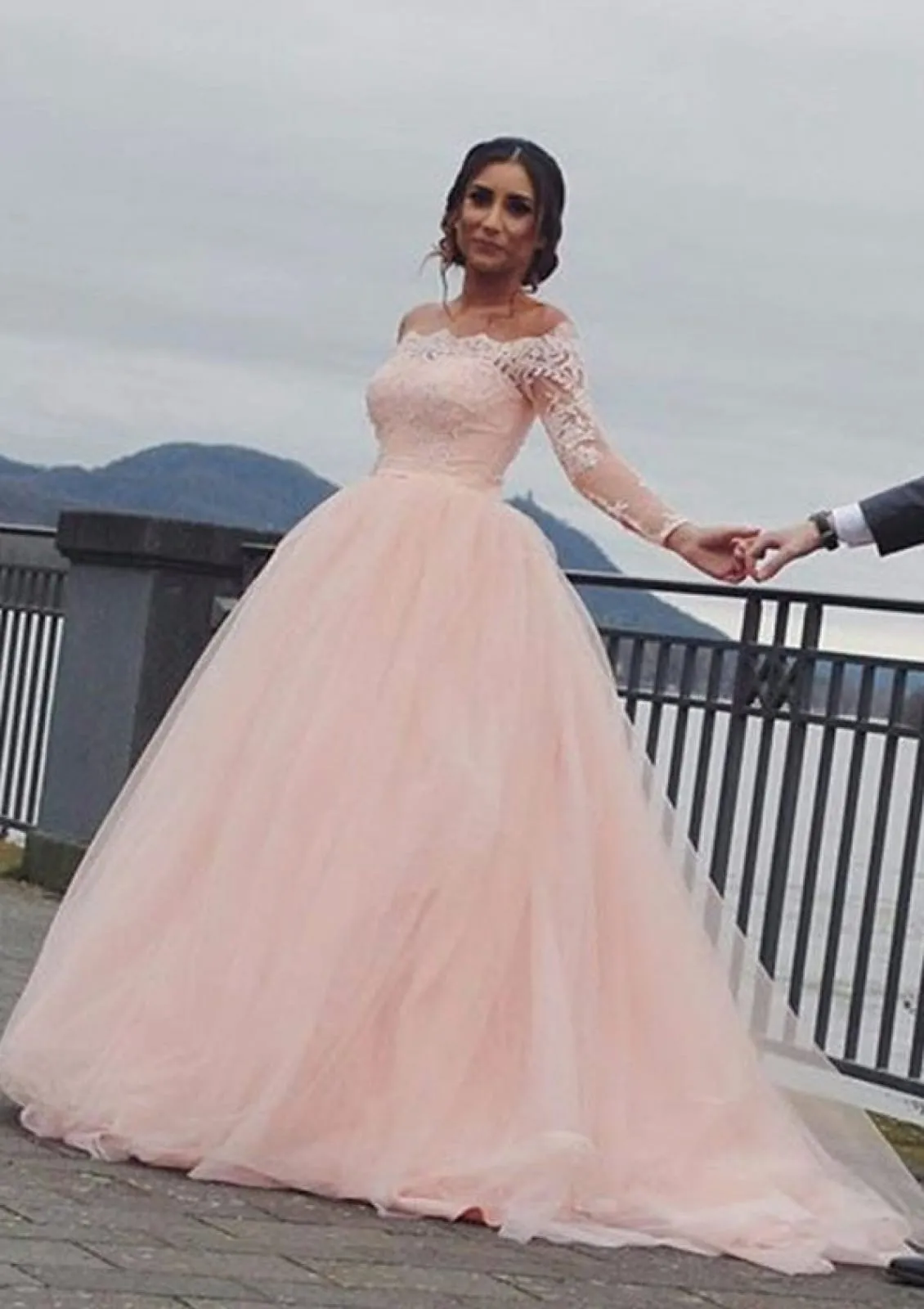Princess Off Shoulder Court Pink Tulle Wedding Dress, Lace