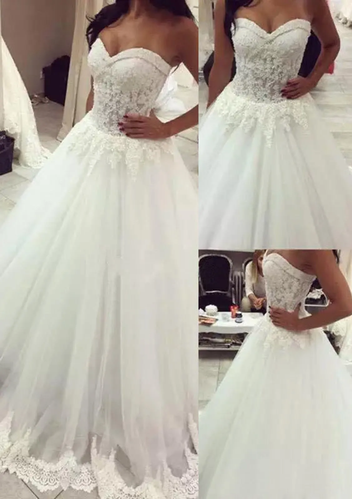 Princess Strapless Sweetheart Lace Tulle Bridal Wedding Dress