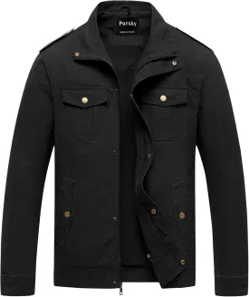 Pursky Men's Military Jacket Casual Washed Cotton Hooded Canvas Coat Fall Coat