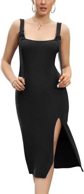 Rocorose Women's Tank Dress Sleeveless Side Split Adjustable Straps Sexy Midi Club Dress