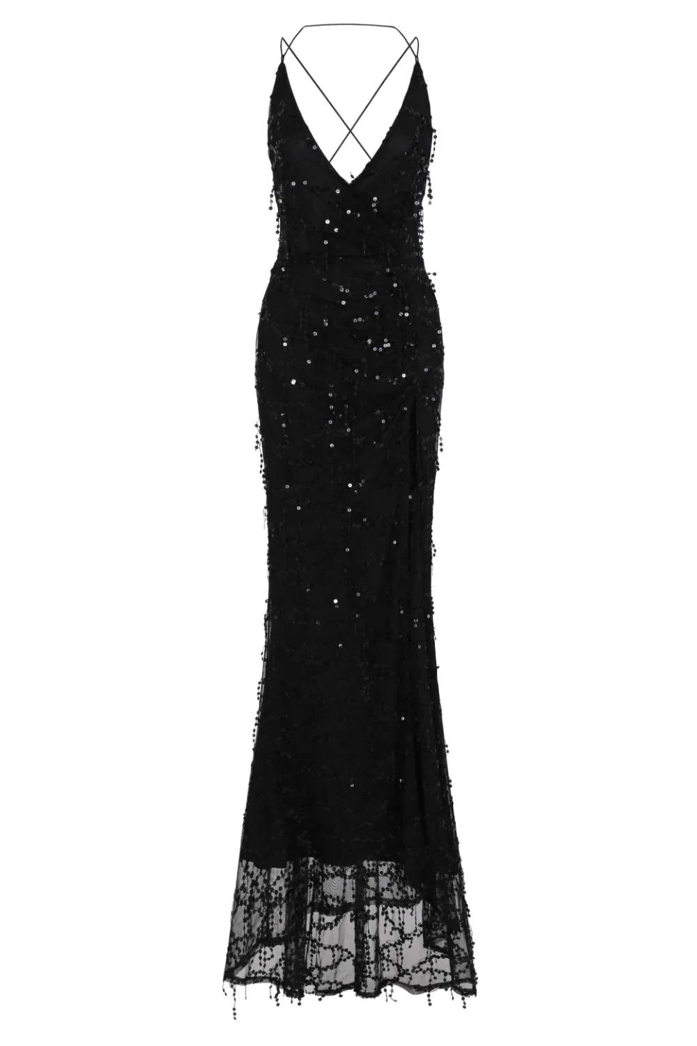 Siren Black Plunge Gold Sequin Tassel Fringe Thigh Slit Fishtail Dress