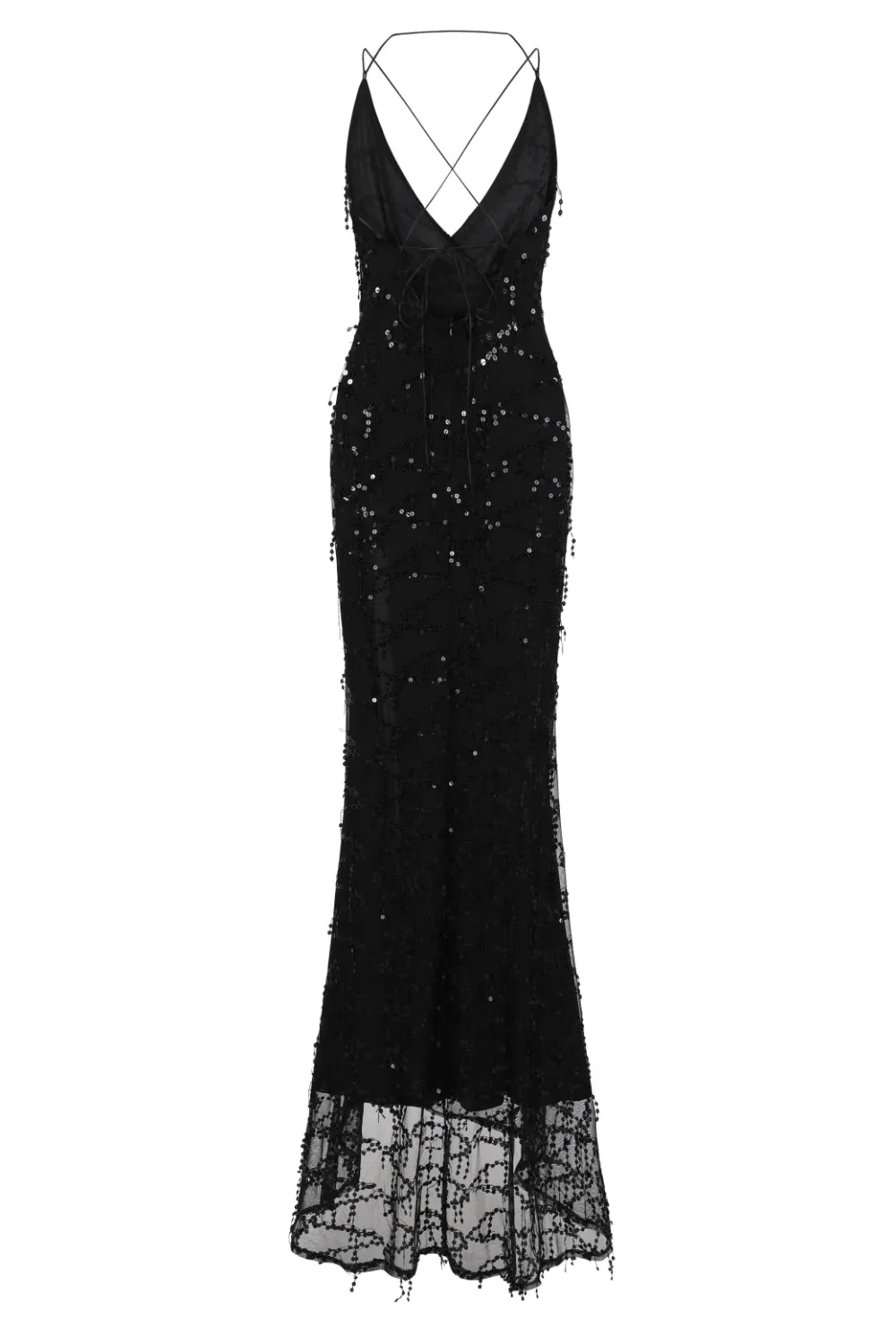 Siren Black Plunge Gold Sequin Tassel Fringe Thigh Slit Fishtail Dress