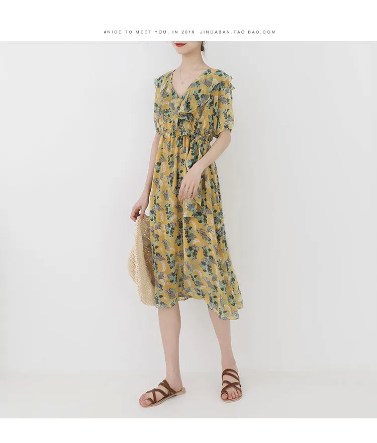 spring new Korean version of Japanese literary V-neck long dress