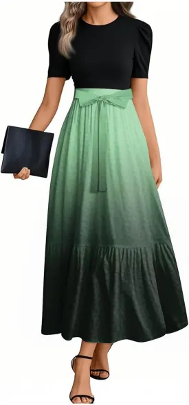 Summer Dresses for Women Tie Belted Elegant Dress Floral Print Flowy Short Sleeve Dress Patchwork Empire Waist Maxi Dress