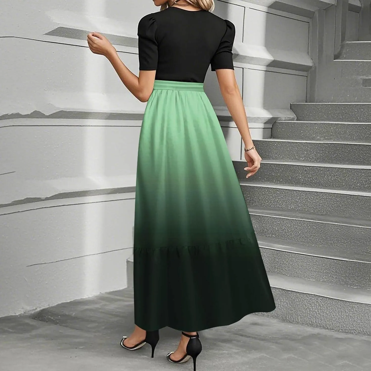 Summer Dresses for Women Tie Belted Elegant Dress Floral Print Flowy Short Sleeve Dress Patchwork Empire Waist Maxi Dress