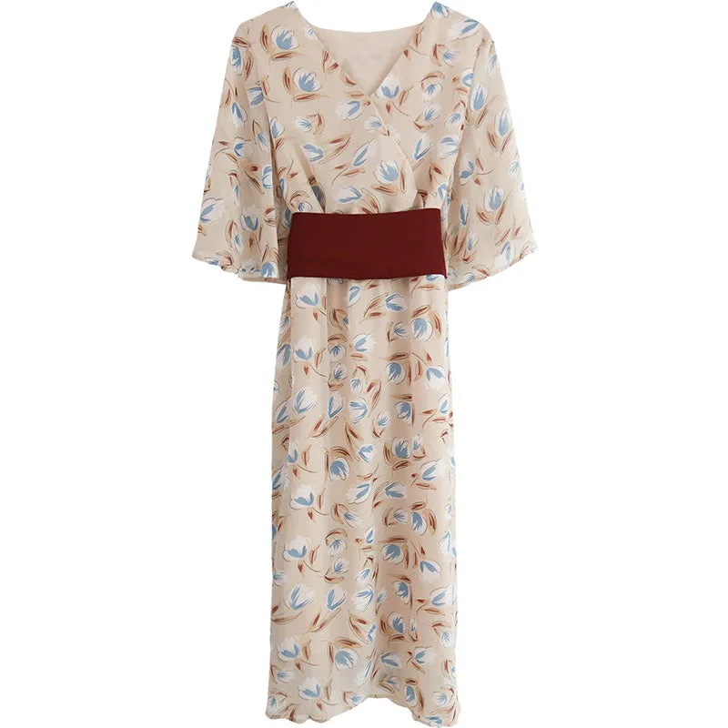 summer new Korean version of the fresh retro V-neck waist floral dress