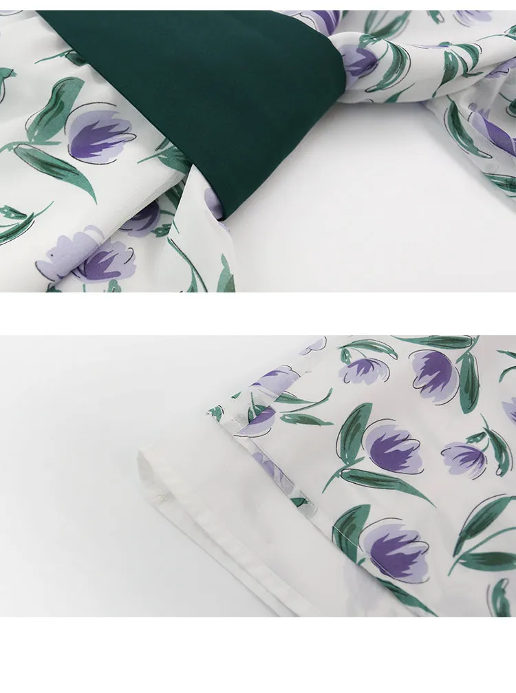 summer new Korean version of the fresh retro V-neck waist floral dress