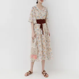 summer new Korean version of the fresh retro V-neck waist floral dress