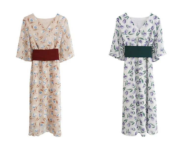 summer new Korean version of the fresh retro V-neck waist floral dress