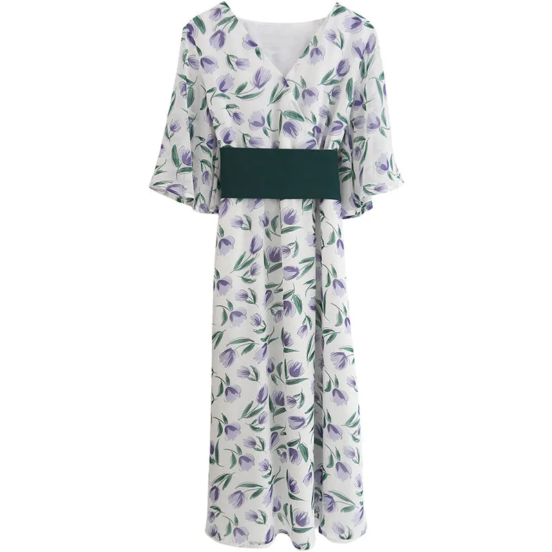 summer new Korean version of the fresh retro V-neck waist floral dress