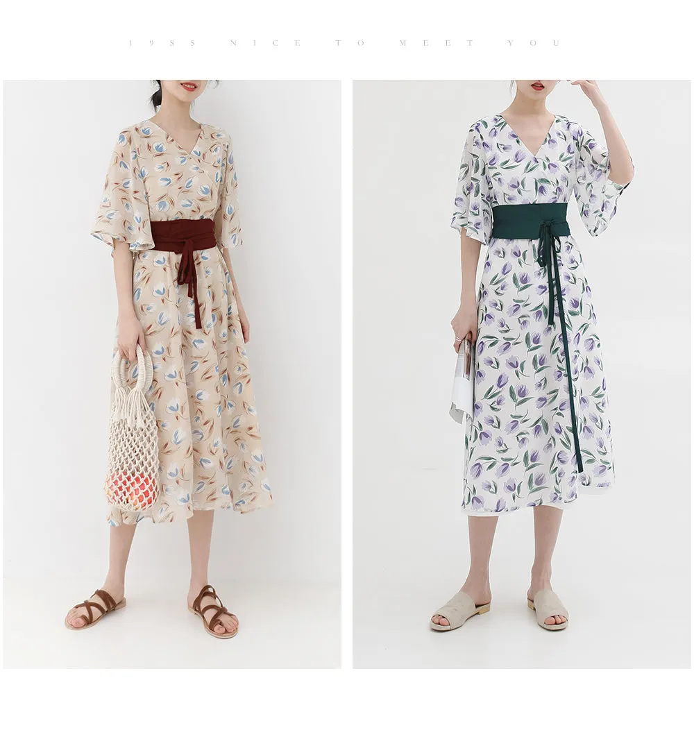 summer new Korean version of the fresh retro V-neck waist floral dress