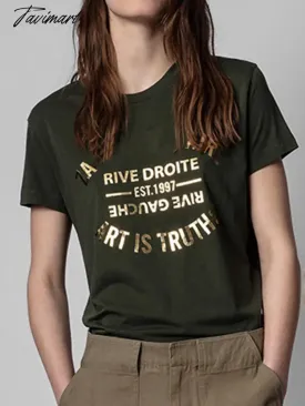 Tavimart Streetwear Cotton Women's T Shirt Summer Letter Print Round Neck Short Sleeve Tee Shirts Vintage Fashion Woman Blouses