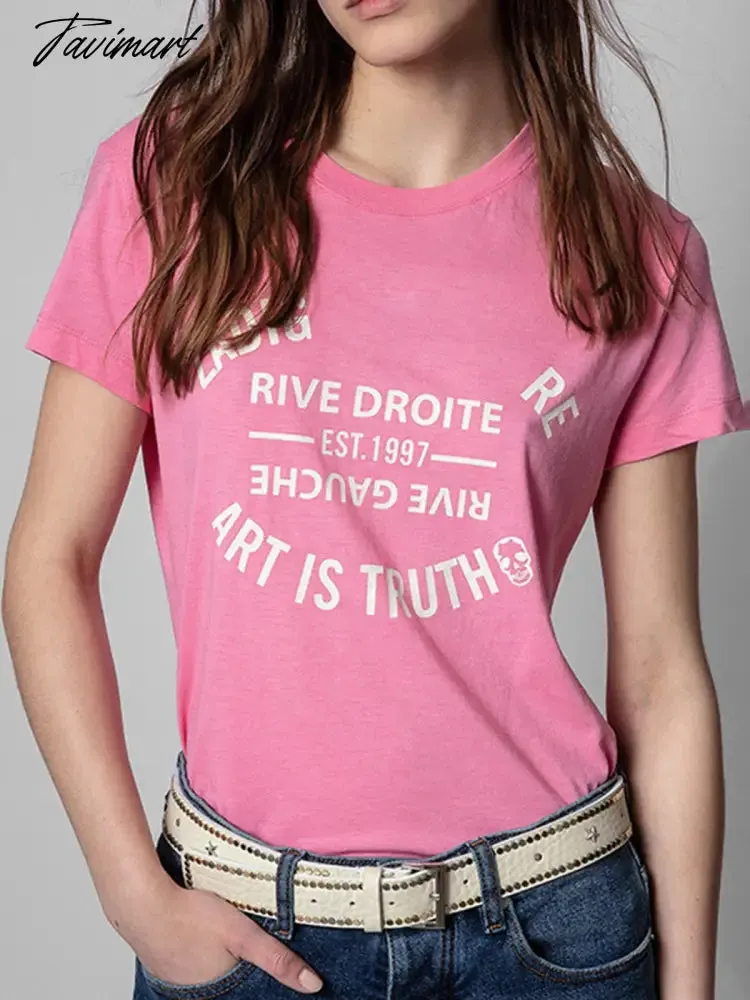 Tavimart Streetwear Cotton Women's T Shirt Summer Letter Print Round Neck Short Sleeve Tee Shirts Vintage Fashion Woman Blouses