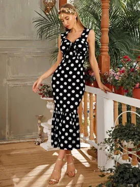 Tie Front Fishtail Hem Polka Dot Dress