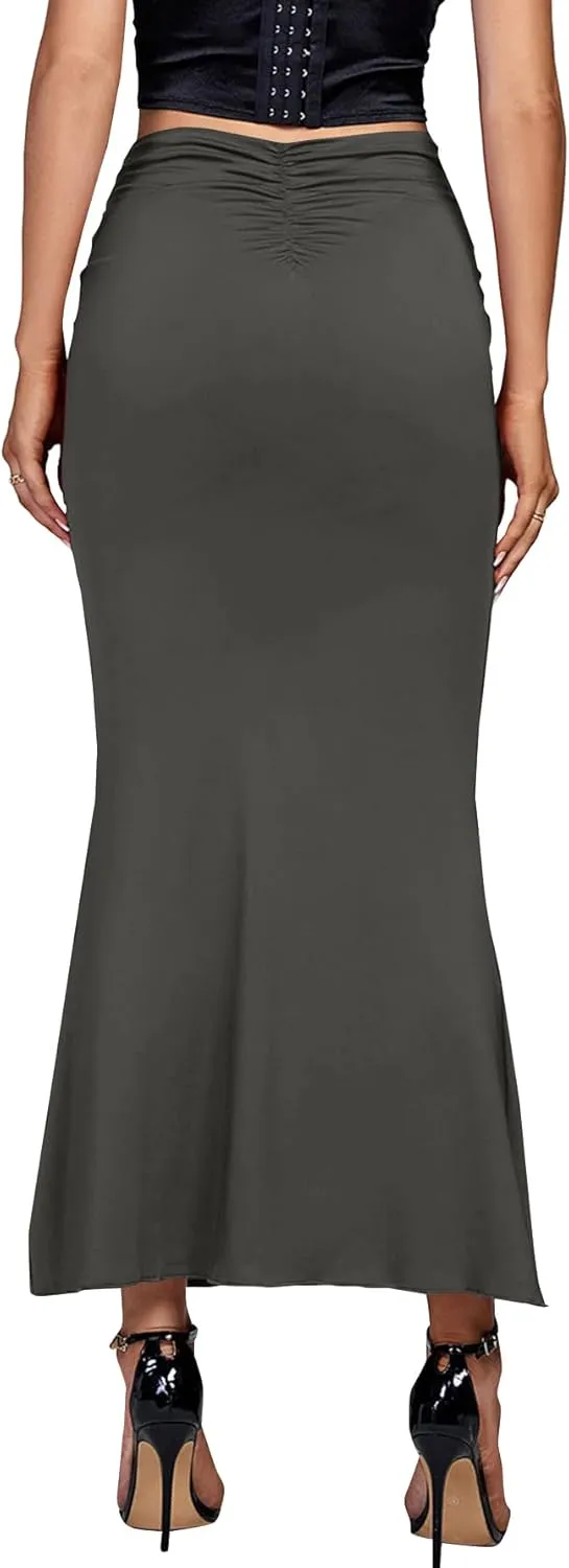 Umenlele Women's Casual High Waist Ruched Stretchy Bodycon Long Maxi Skirt