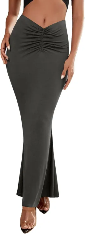 Umenlele Women's Casual High Waist Ruched Stretchy Bodycon Long Maxi Skirt