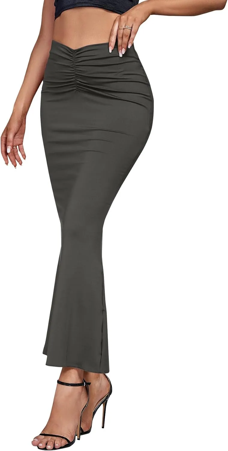 Umenlele Women's Casual High Waist Ruched Stretchy Bodycon Long Maxi Skirt