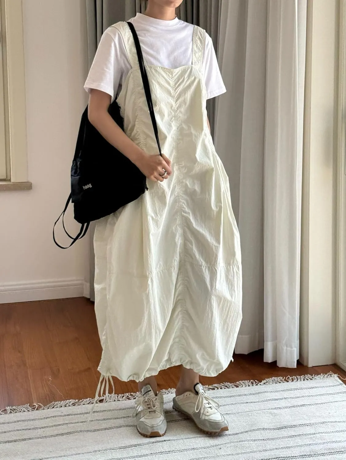 utcoco Women's Casual Baggy Cargo Overall Dress Ruched Drawstring Loose Fit Sleeveless Midi Dresses with Pockets
