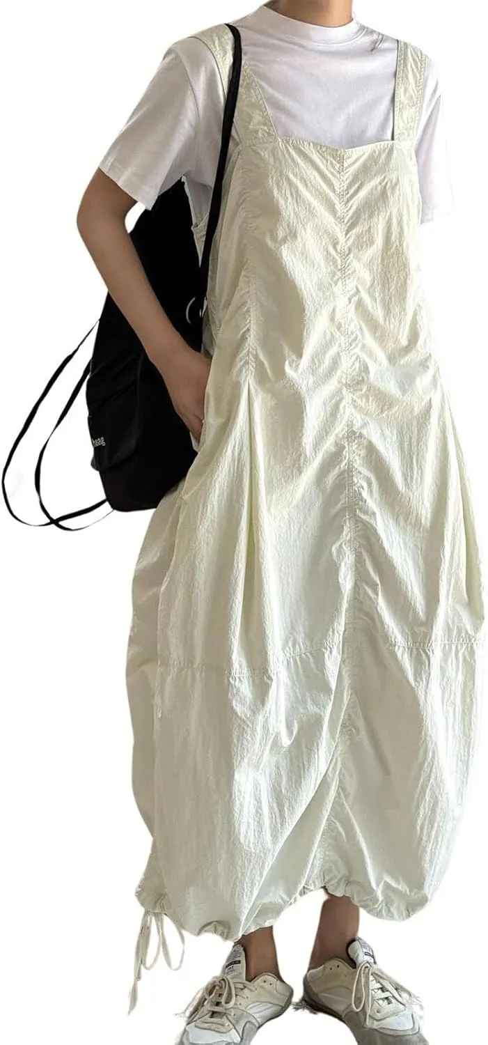 utcoco Women's Casual Baggy Cargo Overall Dress Ruched Drawstring Loose Fit Sleeveless Midi Dresses with Pockets