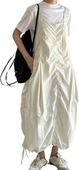 utcoco Women's Casual Baggy Cargo Overall Dress Ruched Drawstring Loose Fit Sleeveless Midi Dresses with Pockets