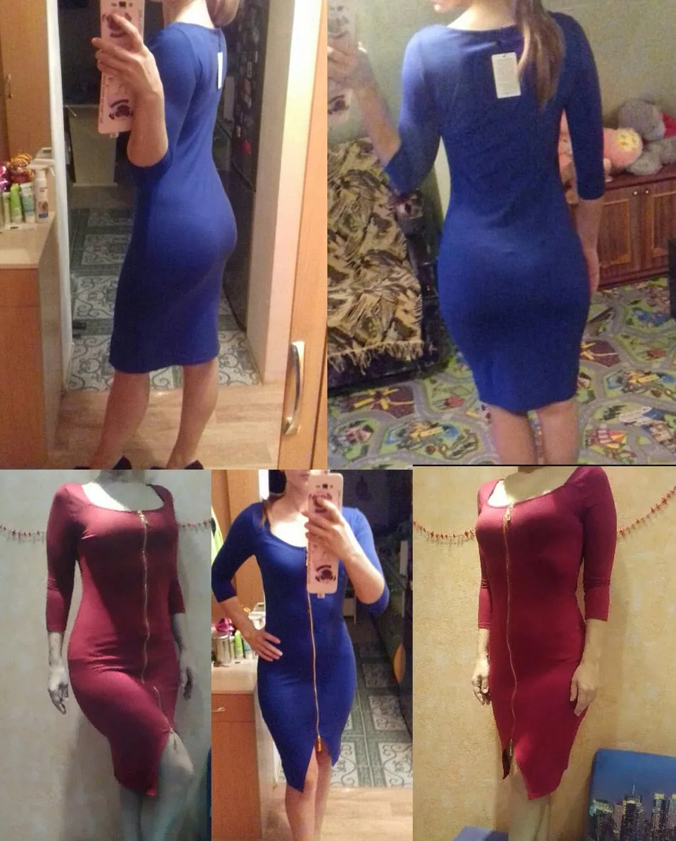 VenusFox Sexy Club Low Cut Zipper Bodycon Dress Fashion Party Dresses