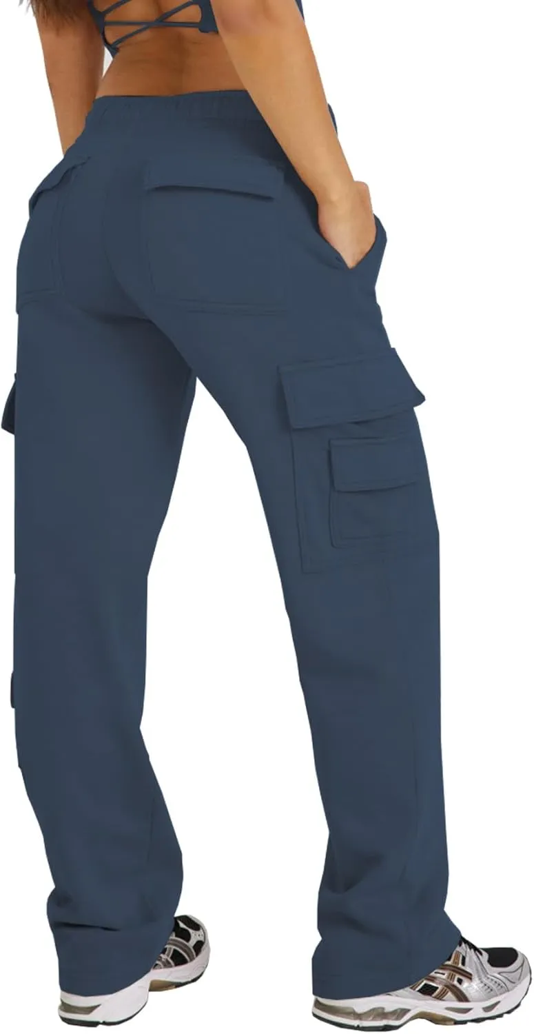 Waitfairy Wide Leg Sweatpants Women Cargo Pants Fleeece High Waisted Baggy Sweatpants for Women Casual Pants with 8 Pockets