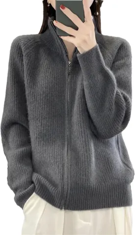 Women Mock Neck Zippers Sweater Cardigan 100% Merino Wool Knit Jumper Thick Warm Sweater Coat