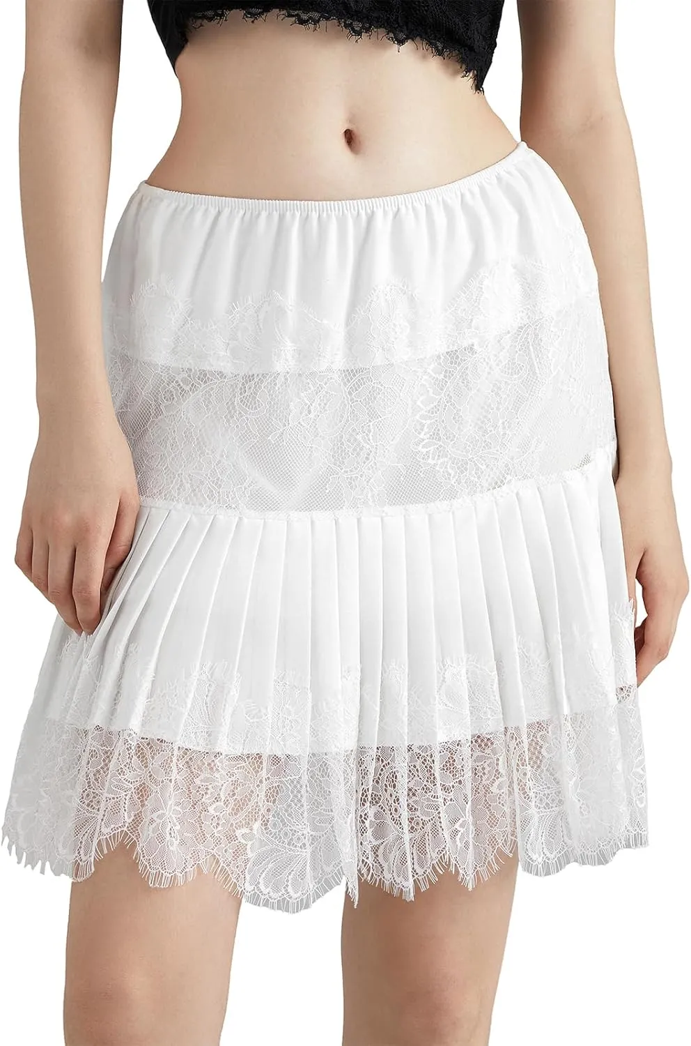 Women Y2k Lace Ruffle Pleated Mini Skirt Low Rise Half Slip Skirts Mesh Floral Layered Flowy Short Skirts