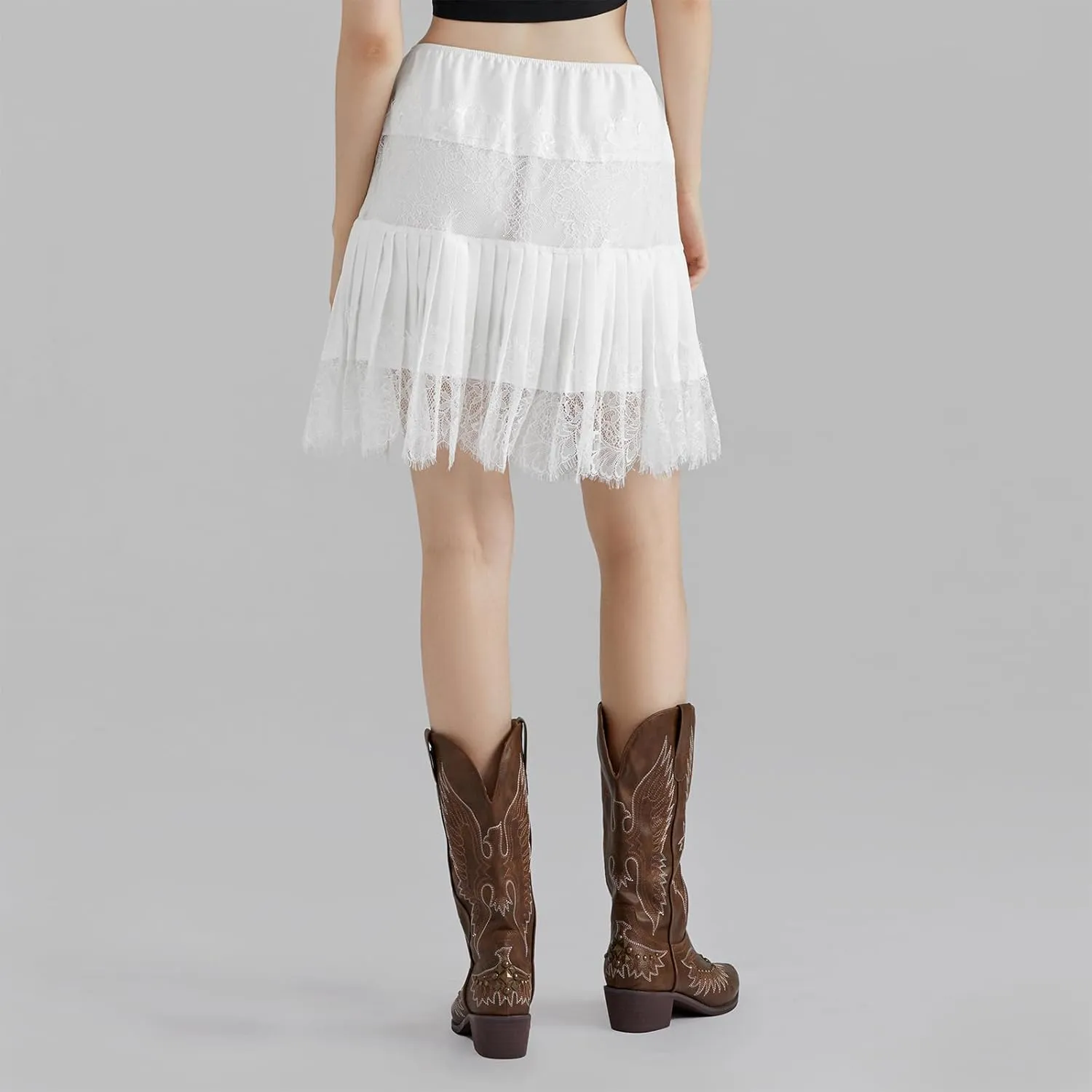 Women Y2k Lace Ruffle Pleated Mini Skirt Low Rise Half Slip Skirts Mesh Floral Layered Flowy Short Skirts