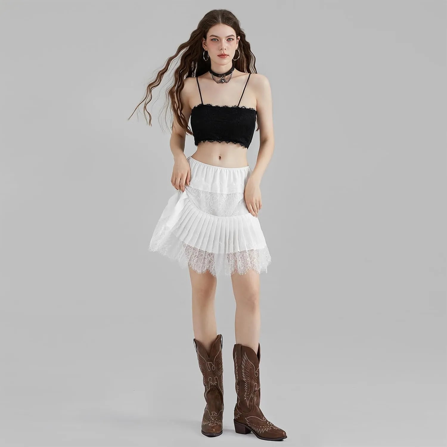 Women Y2k Lace Ruffle Pleated Mini Skirt Low Rise Half Slip Skirts Mesh Floral Layered Flowy Short Skirts