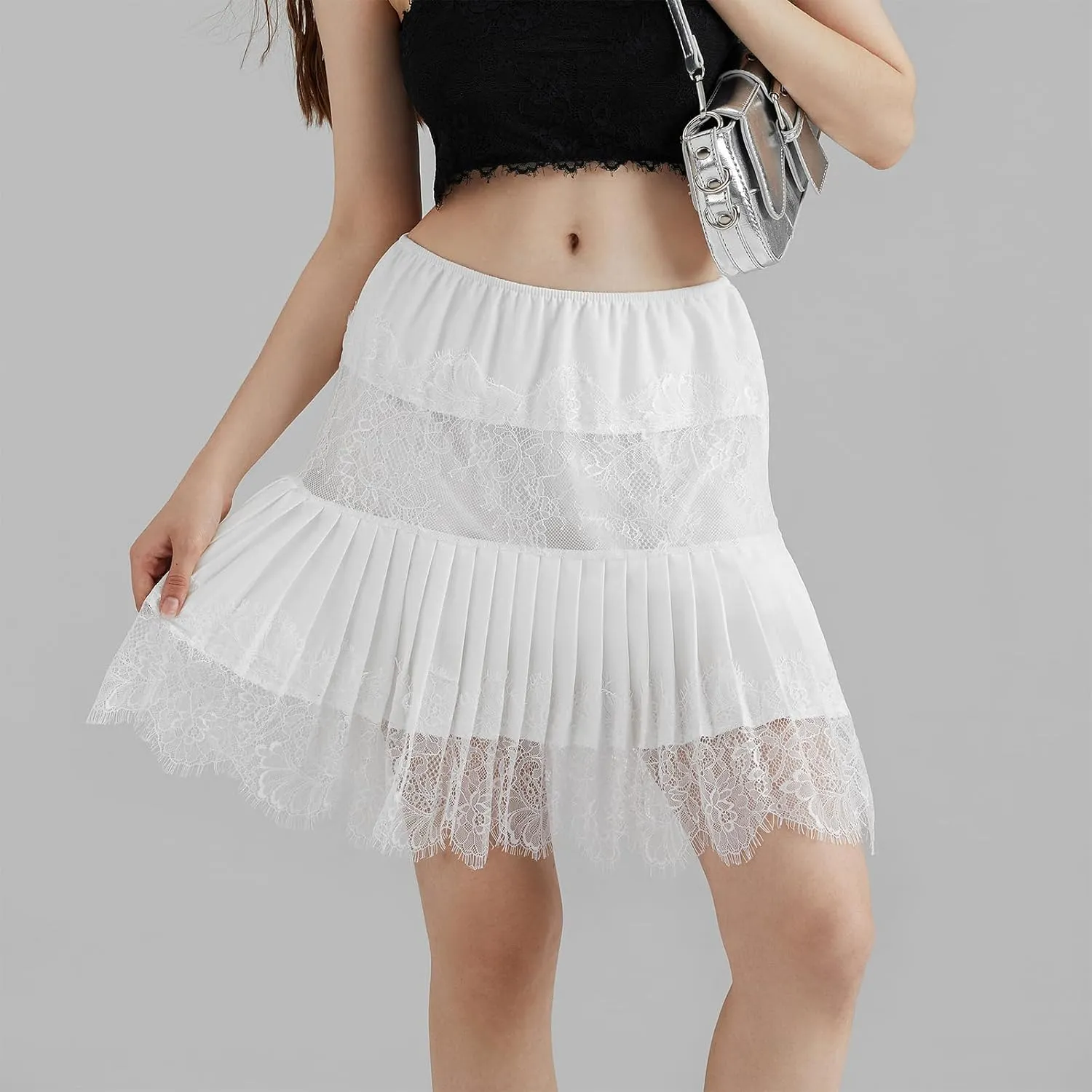 Women Y2k Lace Ruffle Pleated Mini Skirt Low Rise Half Slip Skirts Mesh Floral Layered Flowy Short Skirts