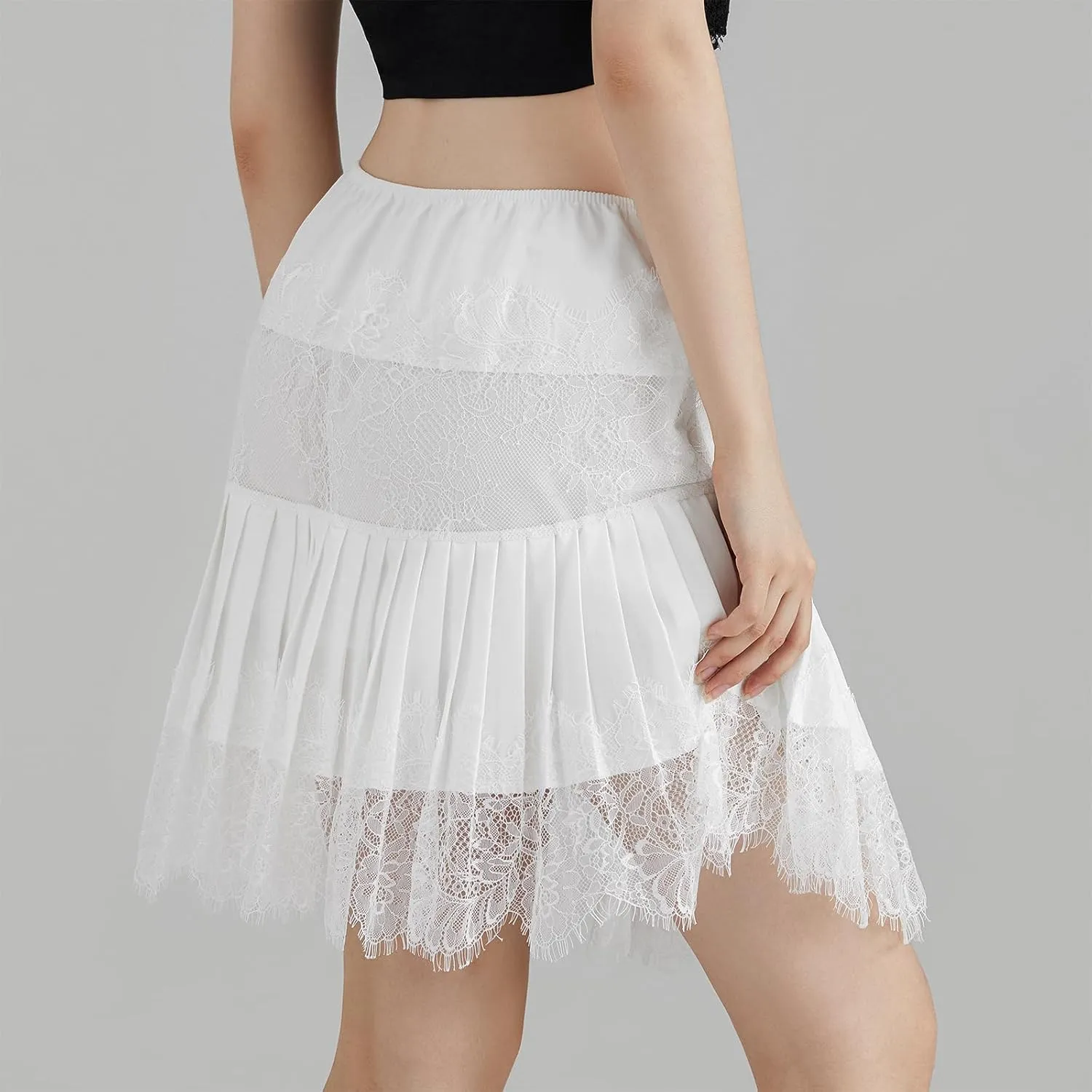 Women Y2k Lace Ruffle Pleated Mini Skirt Low Rise Half Slip Skirts Mesh Floral Layered Flowy Short Skirts
