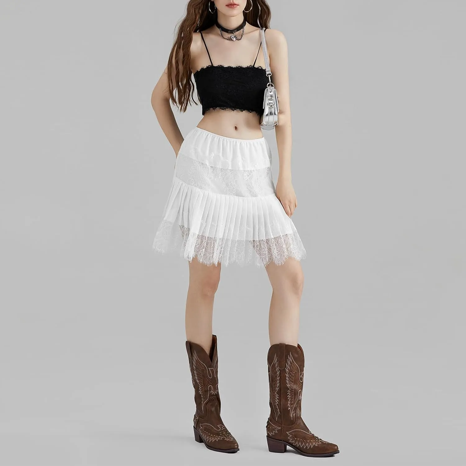 Women Y2k Lace Ruffle Pleated Mini Skirt Low Rise Half Slip Skirts Mesh Floral Layered Flowy Short Skirts