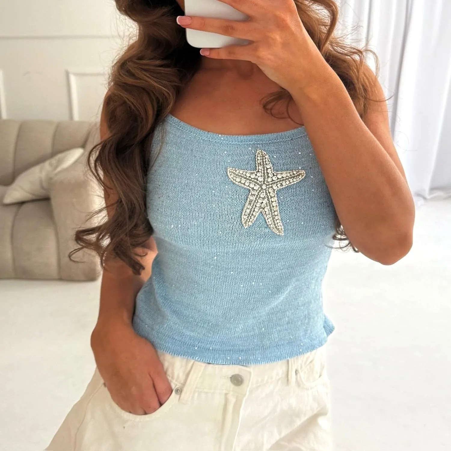 Women Y2K Sequin Starfish Tank Top Sleeveless Glitter Knit Crop Cami Top Sparkly Star Print Going Out Vest Streewear