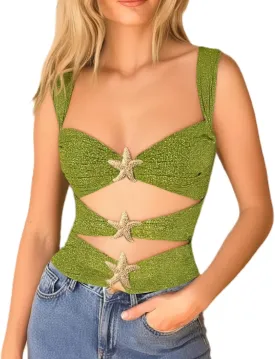 Women Y2K Sequin Starfish Tank Top Sleeveless Glitter Knit Crop Cami Top Sparkly Star Print Going Out Vest Streewear
