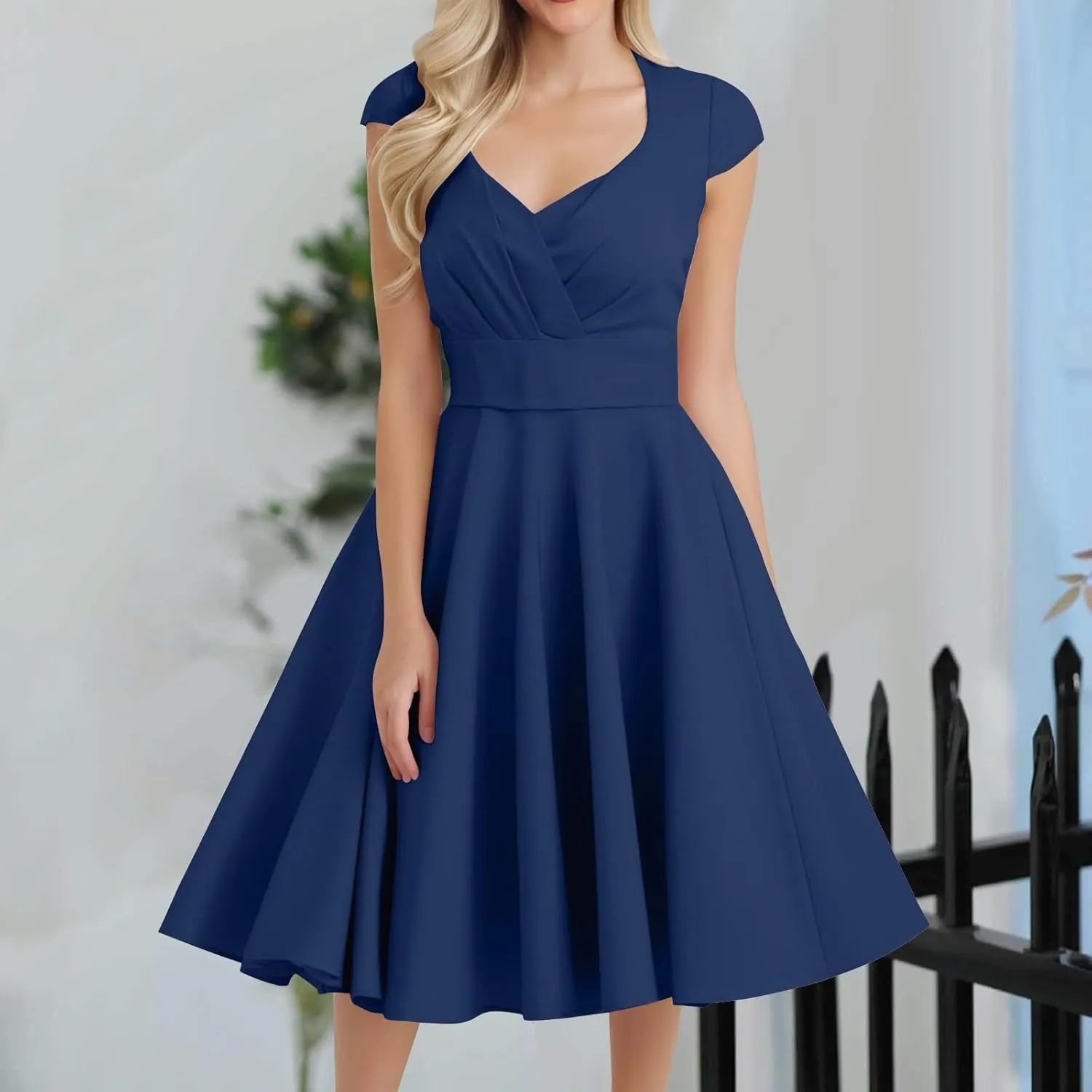 Women's 1950S Vintage Dress Wrap V Neck Cap Sleeve Dress Retro Cocktail Party Swing Dresses A-Line Flared Midi Dress