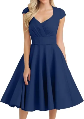 Women's 1950S Vintage Dress Wrap V Neck Cap Sleeve Dress Retro Cocktail Party Swing Dresses A-Line Flared Midi Dress