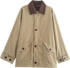 Womens Barn Jacket Classic Canvas Utility Jackets Corduroy Collar Vintage Button Down Coat with Pockets