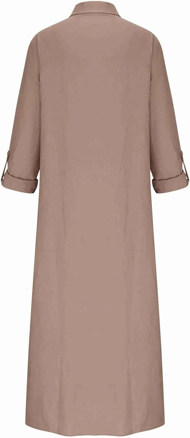 Womens Button Down Cotton Linen Maxi Dress Plus Size Dress Casual Long Sleeve V Neck Summer Dresses with Pockets