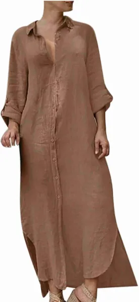 Womens Button Down Cotton Linen Maxi Dress Plus Size Dress Casual Long Sleeve V Neck Summer Dresses with Pockets